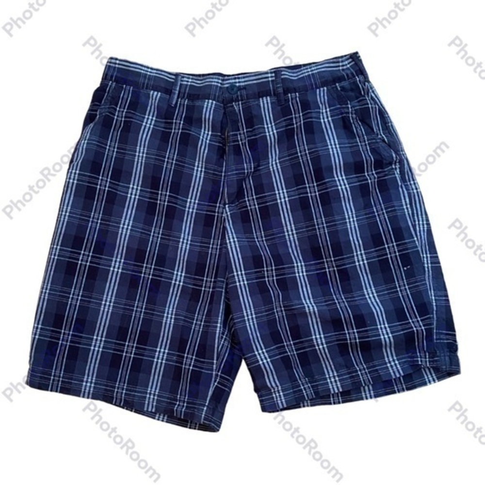 Perry Ellis Cottons Shorts Mens 40 Blue Plaid Bermuda Golf Flat Front